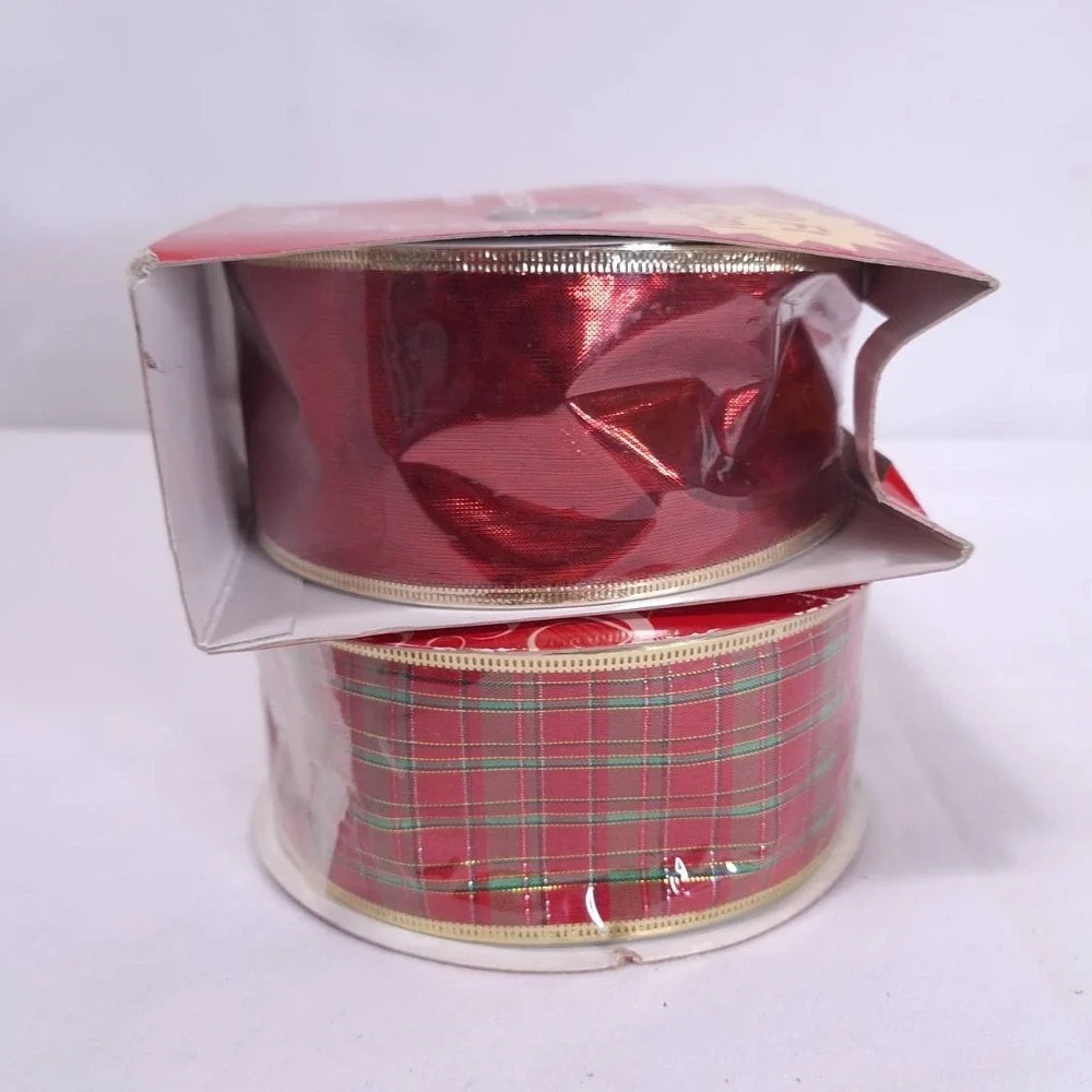2 At Home Wired‎ Edge Ribbon Red Plaid 2.5in total 190ft Metallic Xmas Holiday